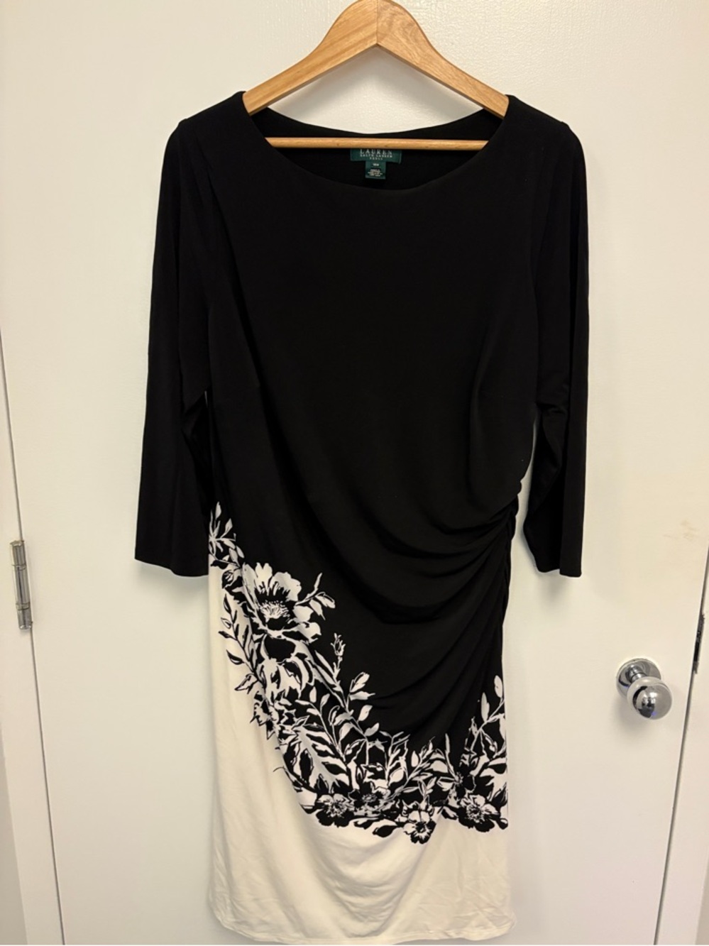 Ralph Lauren Black and White Floral Ruched Sheath Dress